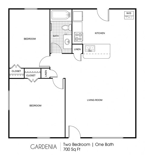 Floor plan for 2 beds, 1 bath, 700 sqft