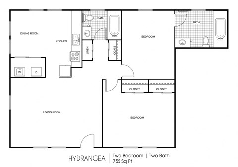 Floor plan for 2 beds, 2 baths, 755 sqft