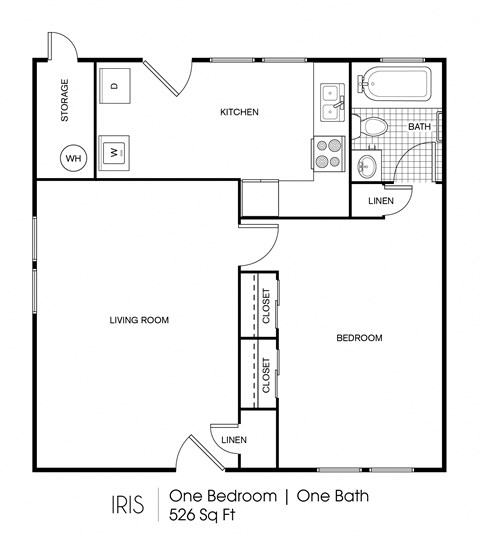 Floor plan for 1 bed, 1 bath, 526 sqft