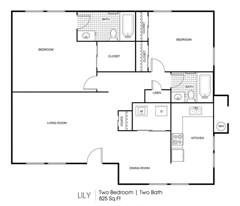 Floor plan for 2 beds, 2 baths, 825 sqft