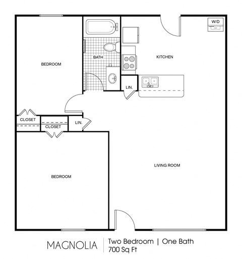 Floor plan for 2 beds, 1 bath, 700 sqft