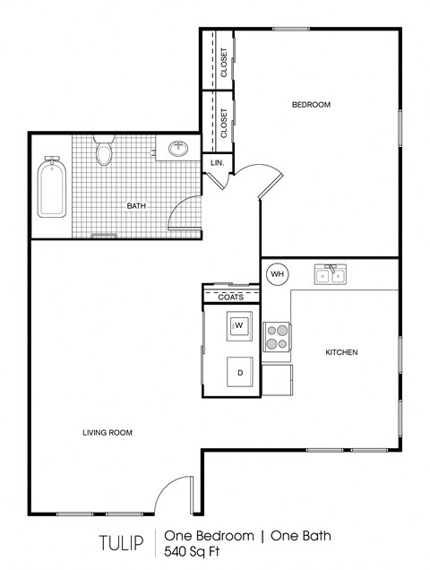 Floor plan for 1 bed, 1 bath, 540 sqft