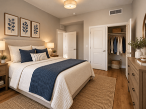 Fitchburg apartment for rent - A bedroom with a bed, a wardrobe, and a mirror.