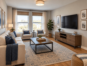 Fitchburg apartment for rent - A living room with a large window, a sofa, a coffee table, and a TV.