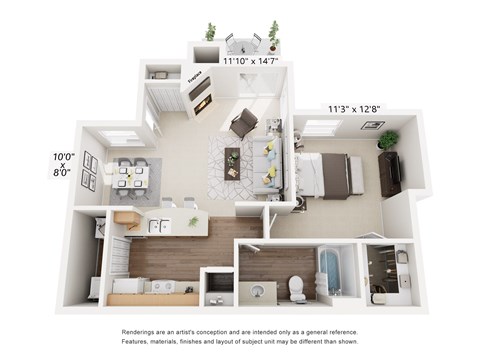 Floor plan for 1 bed, 1 bath, 800 sqft