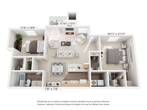 Floor plan for 2 beds, 2 baths, 1004 sqft