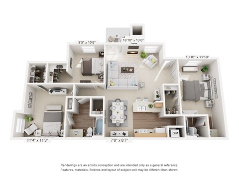 Floor plan for 3 beds, 2 baths, 1196 sqft