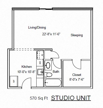 Floor plan for studio, 1 bath, 410 sqft