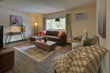 Seabrook apartment for rent - A living room with a brown couch and a patterned chair.