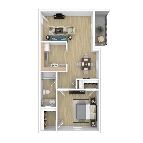 Floor plan for 1 bed, 1 bath, 630 sqft