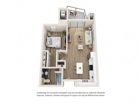 Floor plan for 1 bed, 1 bath, 647 sqft