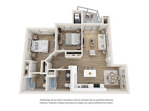 Floor plan for 2 beds, 2 baths, 906 sqft