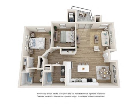 Floor plan for 2 beds, 2 baths, 979 sqft