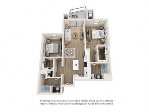 Floor plan for 2 beds, 2 baths, 1029 sqft