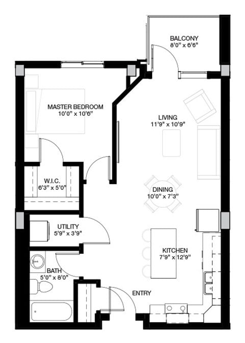 Floor plan for 1 bed, 1 bath, 565 sqft