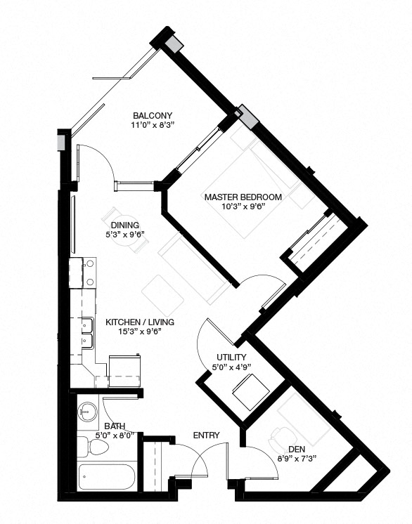 Floor plan for 1 bed, 1 bath, 553 sqft