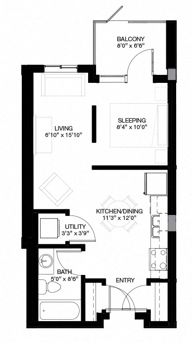 Floor plan for 1 bed, 1 bath, 473 sqft