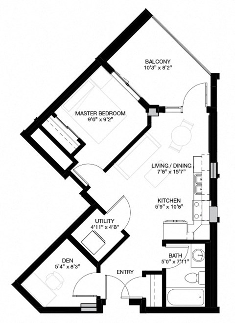 Floor plan for 1 bed, 1 bath, 553 sqft