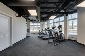 Calgary apartment for rent - a gym with cardio machines and windows at the district flats apartments in long island city