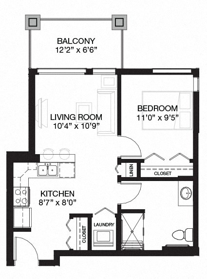 Floor plan for 1 bed, 1 bath, 572 sqft