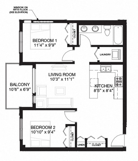 Floor plan for 2 beds, 1 bath, 927 sqft
