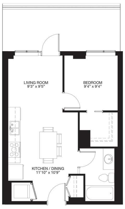 Floor plan for 1 bed, 1 bath, 506 sqft