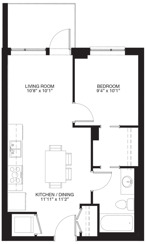 Floor plan for 1 bed, 1 bath, 592 sqft