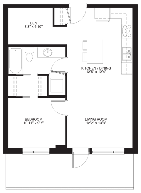 Floor plan for 1 bed, 1 bath, 635 sqft