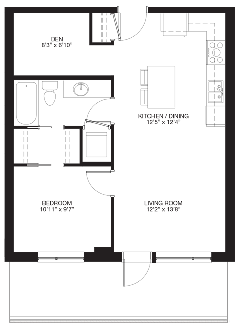 Floor plan for 1 bed, 1 bath, 635 sqft
