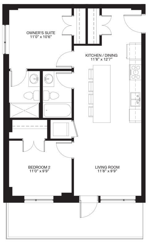 Floor plan for 2 beds, 2 baths, 850 sqft