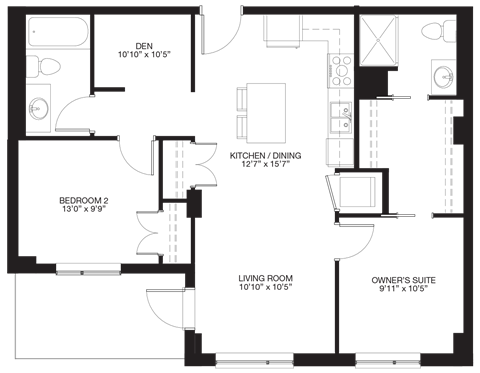 Floor plan for 2 beds, 2 baths, 893 sqft