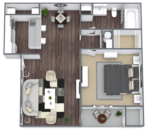 Floor plan for 1 bed, 1 bath, 750 sqft