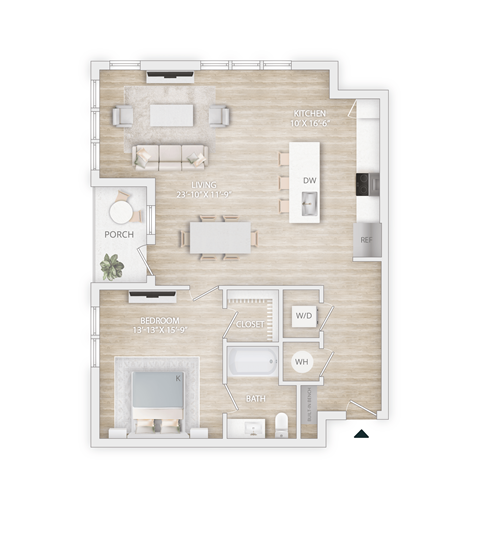 Floor plan for 1 bed, 1 bath, 987 sqft