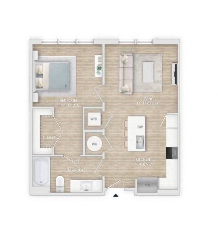 Floor plan for 1 bed, 1 bath, 687 sqft