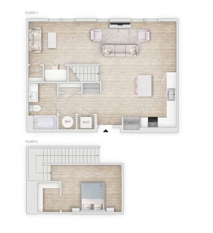 Floor plan for 1 bed, 1 bath, 970 sqft