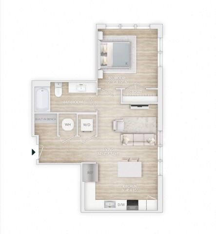 Floor plan for 1 bed, 1 bath, 708 sqft