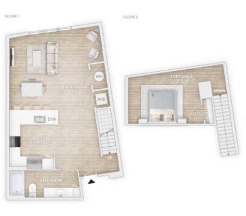 Floor plan for 1 bed, 1 bath, 954 sqft