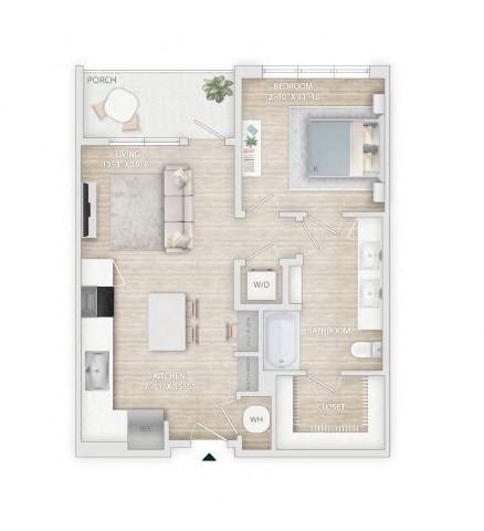 Floor plan for 1 bed, 1 bath, 736 sqft