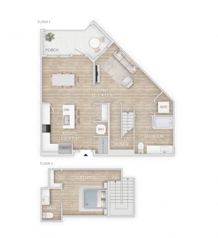 Floor plan for 1 bed, 1.5 baths, 1012 sqft