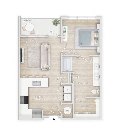 Floor plan for 1 bed, 1 bath, 757 sqft
