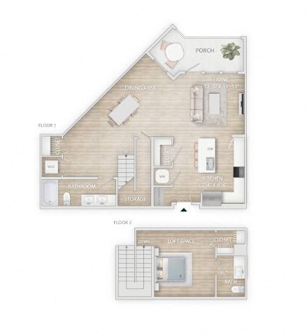 Floor plan for 1 bed, 1.5 baths, 1109 sqft