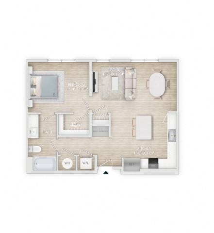 Floor plan for 1 bed, 1 bath, 785 sqft