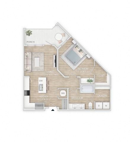Floor plan for 1 bed, 1 bath, 805 sqft