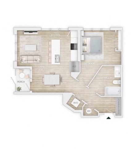 Floor plan for 1 bed, 1 bath, 834 sqft