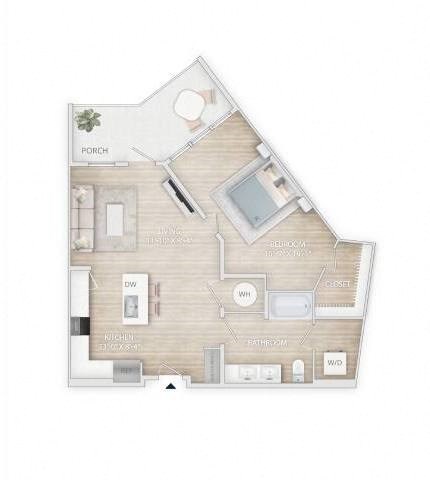 Floor plan for 1 bed, 1 bath, 845 sqft