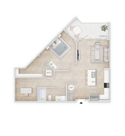 Floor plan for 1 bed, 1 bath, 863 sqft