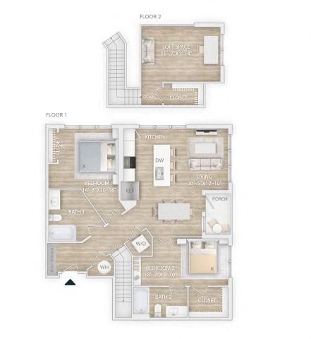 Floor plan for 2 beds, 2 baths, 1420 sqft