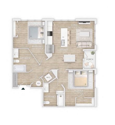 Floor plan for 2 beds, 2 baths, 1156 sqft