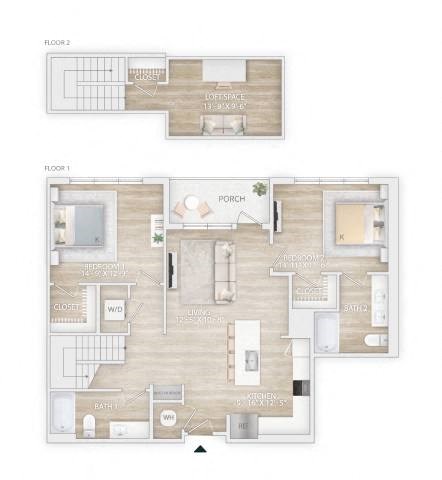 Floor plan for 2 beds, 2 baths, 1362 sqft