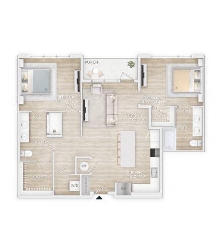 Floor plan for 2 beds, 2 baths, 1177 sqft